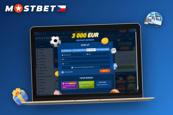 Hráč u notebooku s otevřeným účtem Mostbet a přístupem k celé platformě